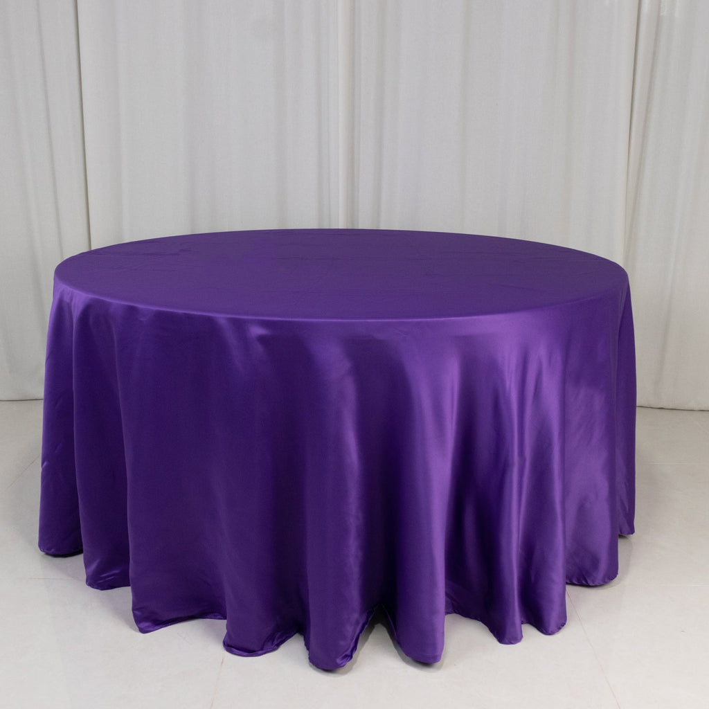 Lamour Satin 120" Round Tablecloth Purple - Seamless Table Cover with Soft Tempered Sheen - Bell Racket Store