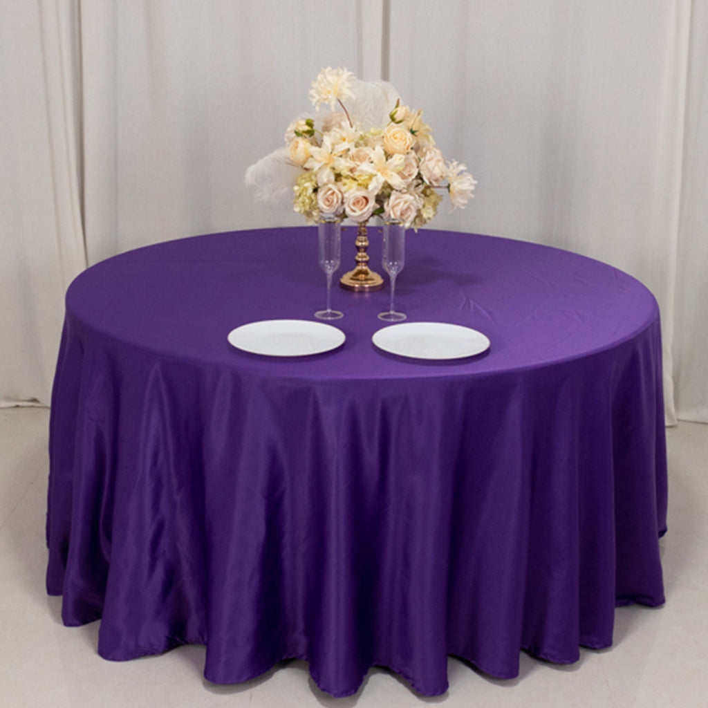Lamour Satin 120" Round Tablecloth Purple - Seamless Table Cover with Soft Tempered Sheen - Bell Racket Store