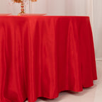 Lamour Satin 120" Round Tablecloth Red - Seamless Table Cover with Soft Tempered Sheen - Bell Racket Store