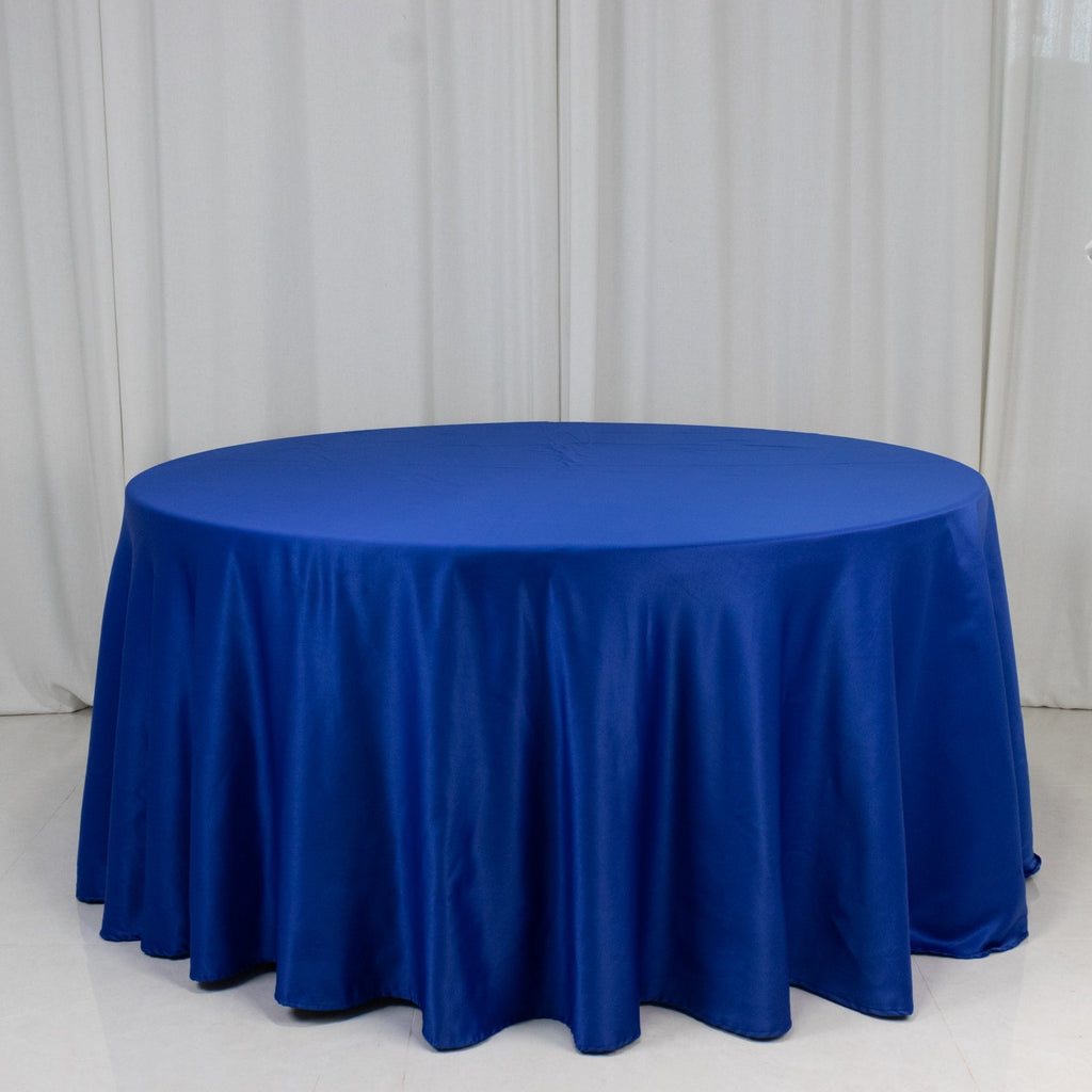 Lamour Satin 120" Round Tablecloth Royal Blue - Seamless Table Cover with Soft Tempered Sheen - Bell Racket Store