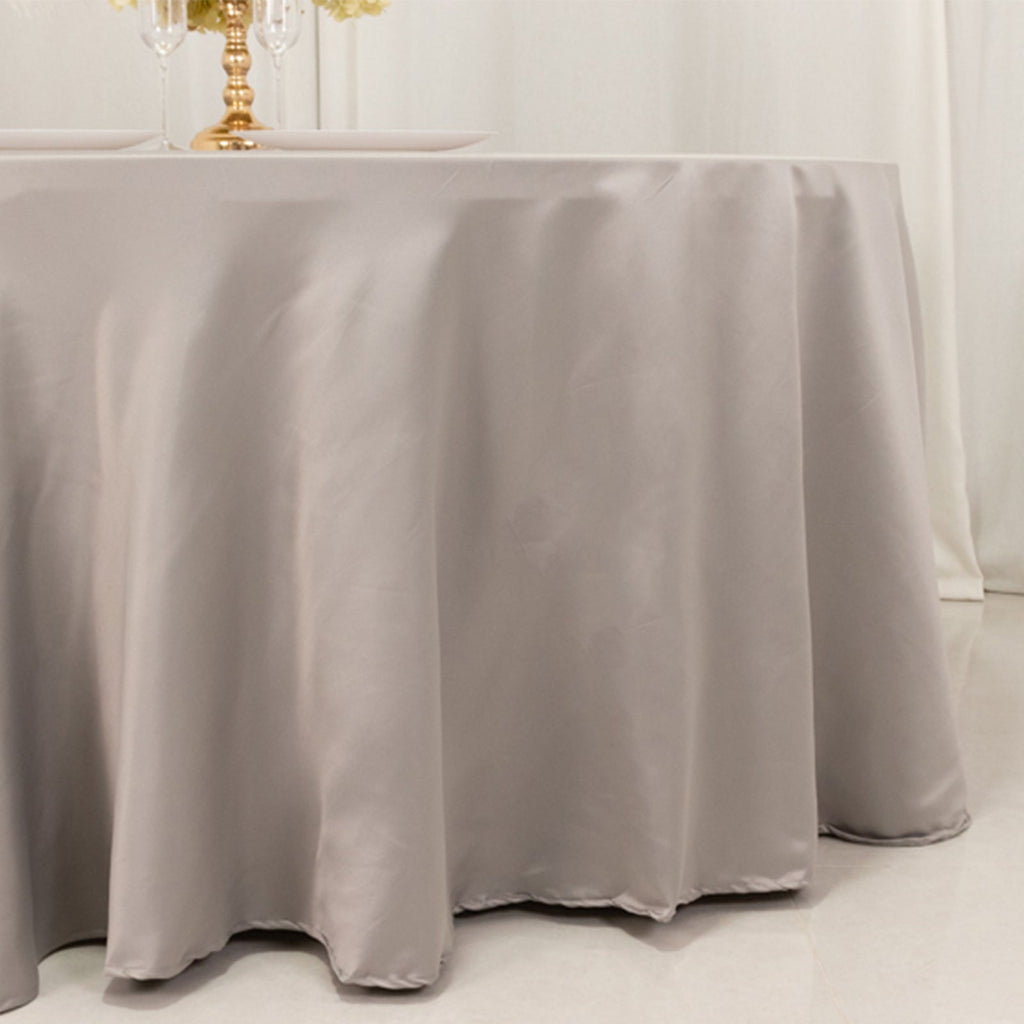 Lamour Satin 120" Round Tablecloth Silver - Seamless Table Cover with Soft Tempered Sheen - Bell Racket Store