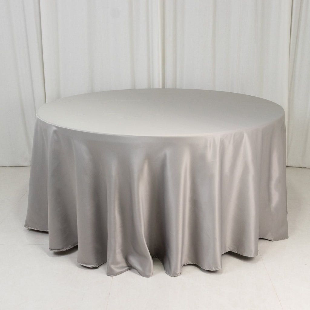 Lamour Satin 120" Round Tablecloth Silver - Seamless Table Cover with Soft Tempered Sheen - Bell Racket Store