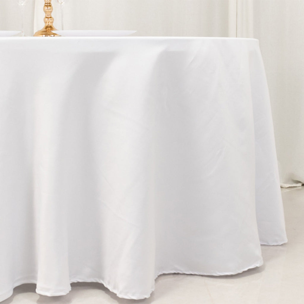 Lamour Satin 120" Round Tablecloth White - Seamless Table Cover with Soft Tempered Sheen for Upscale Gatherings - Bell Racket Store