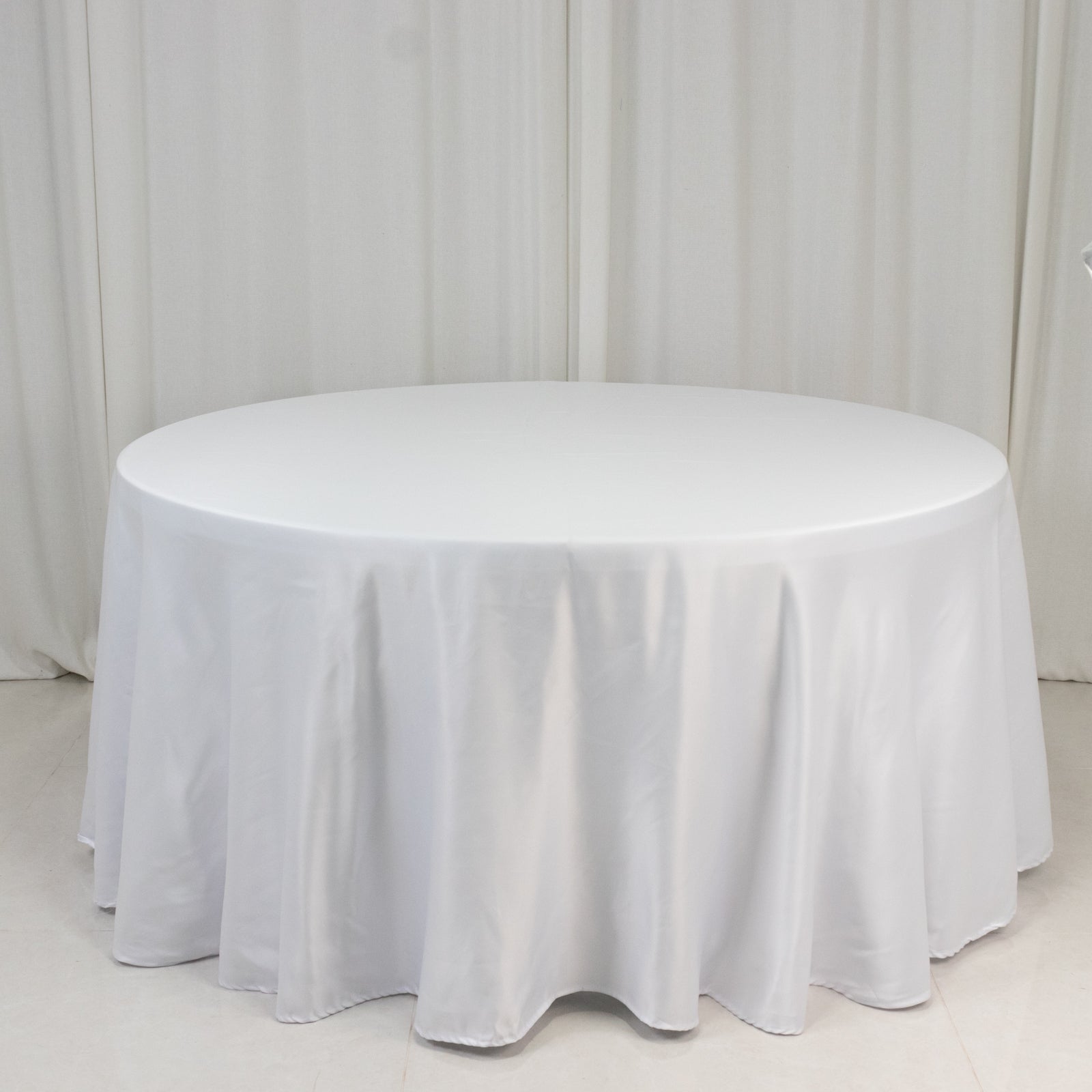 Lamour Satin 120" Round Tablecloth White - Seamless Table Cover with Soft Tempered Sheen for Upscale Gatherings - Bell Racket Store