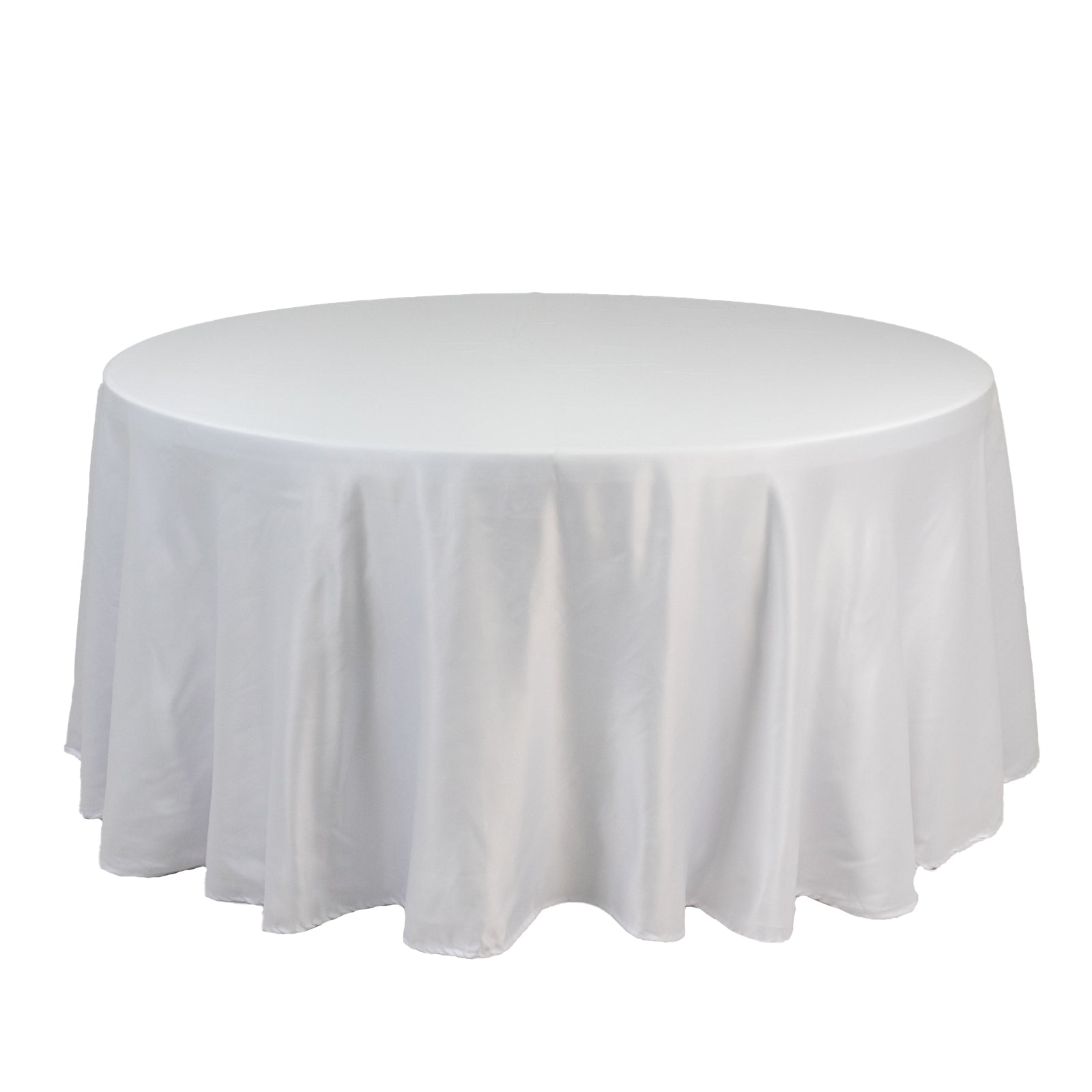 Lamour Satin 120" Round Tablecloth White - Seamless Table Cover with Soft Tempered Sheen for Upscale Gatherings - Bell Racket Store
