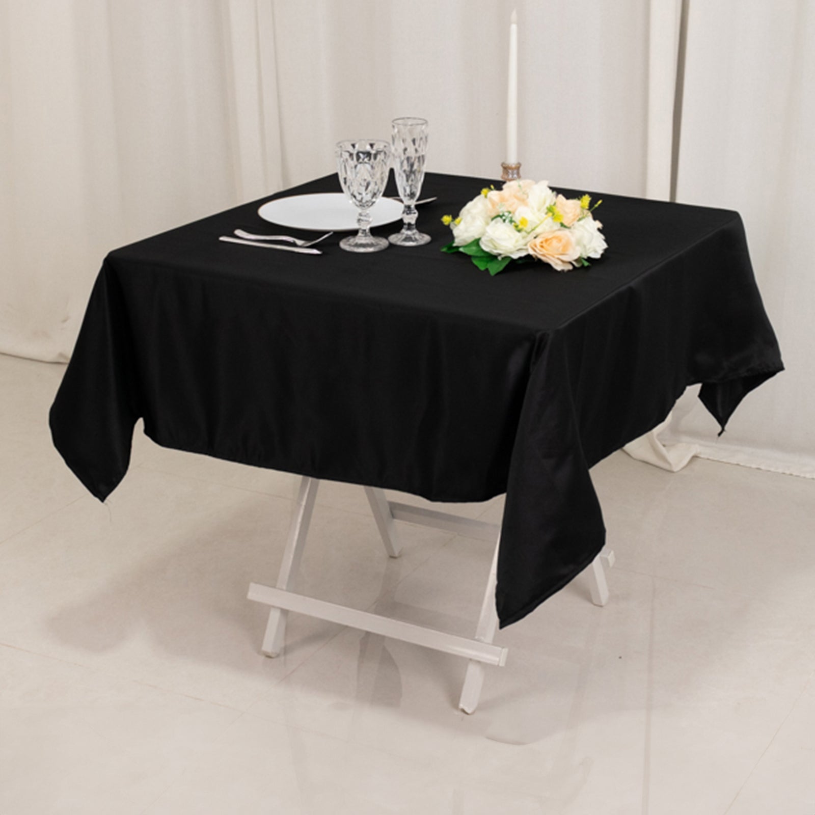Lamour Satin 54"x54" Table Overlay Square Tablecloth Black - Durable & Silk - Like Table Cover for Weddings & Parties - Bell Racket Store