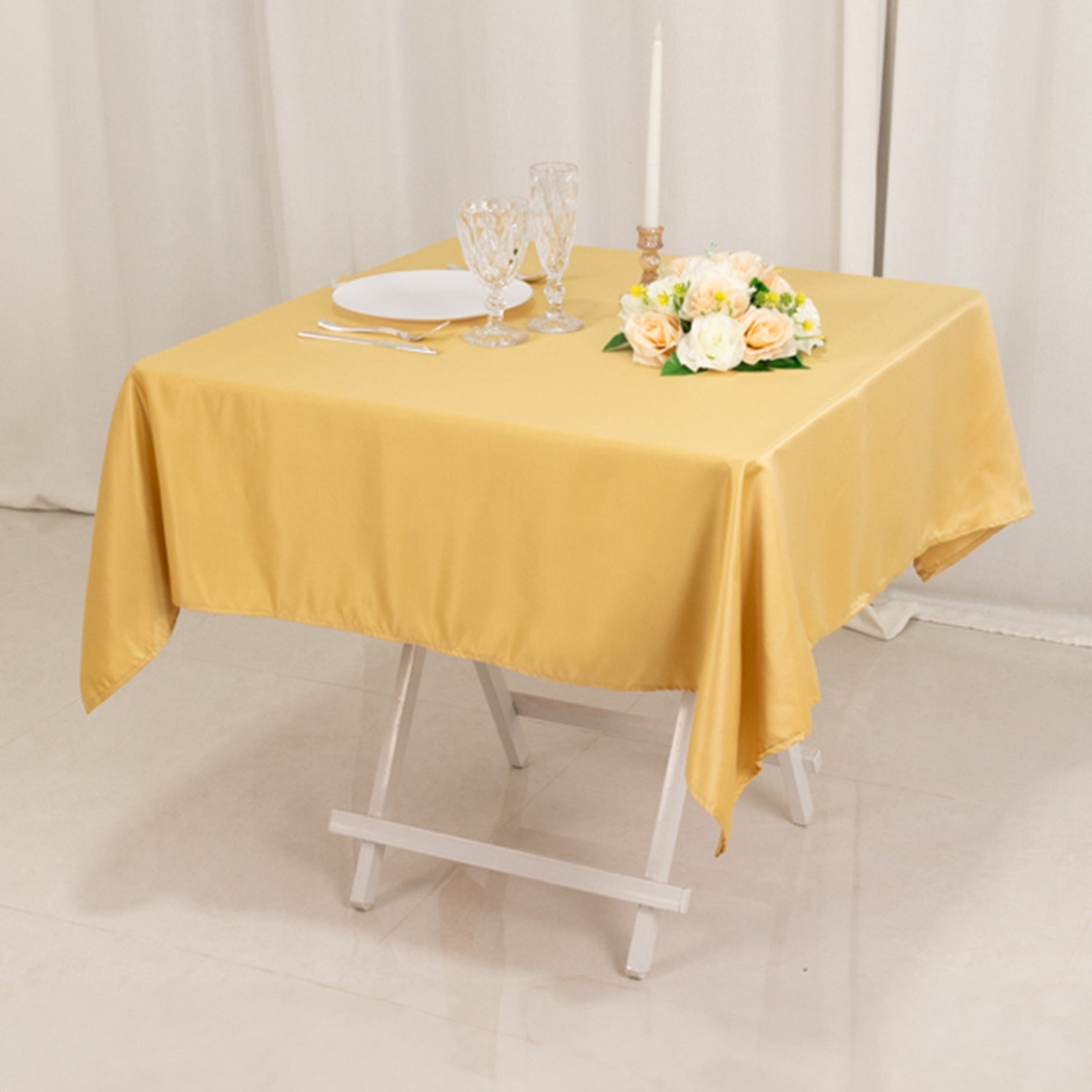 Lamour Satin 54"x54" Table Overlay Square Tablecloth Champagne - Durable & Silk - Like Table Cover - Bell Racket Store