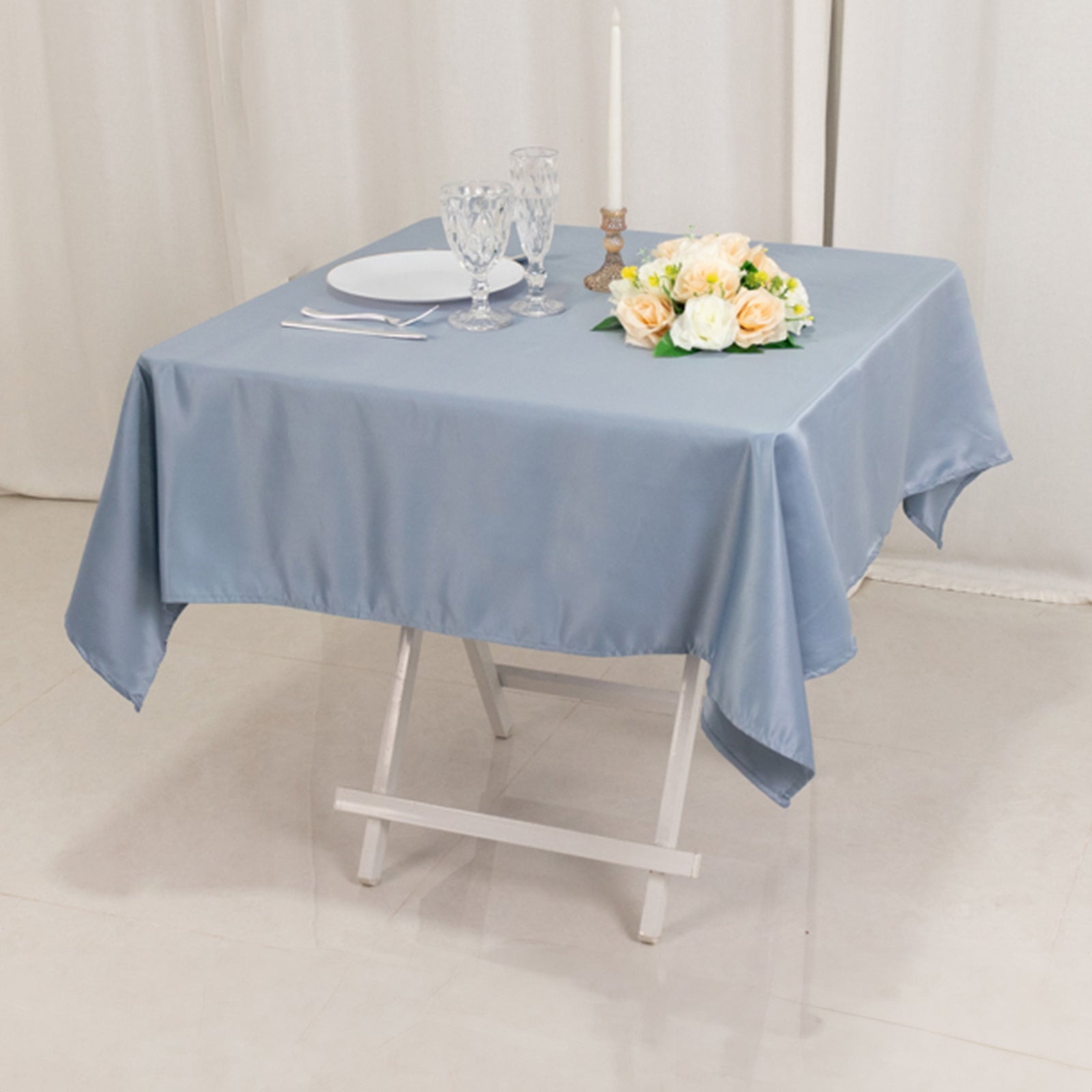 Lamour Satin 54"x54" Table Overlay Square Tablecloth Dusty Blue - Durable & Silk - Like Table Cover - Bell Racket Store