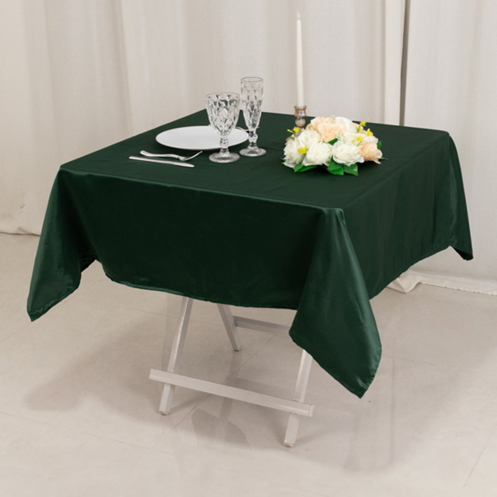 Lamour Satin 54"x54" Table Overlay Square Tablecloth Hunter Emerald - Durable & Silk - Like Table Cover - Bell Racket Store