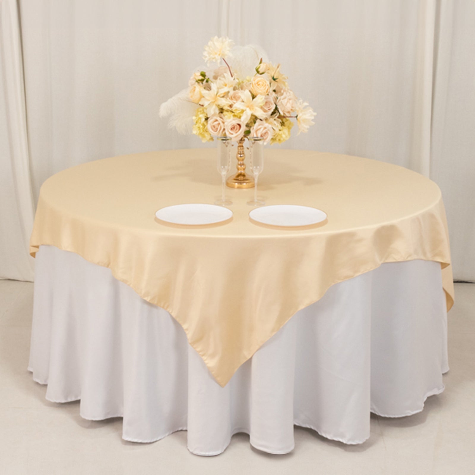 Lamour Satin 72"x72" Table Overlay Square Tablecloth Beige - Smooth Finish Table Topper - Bell Racket Store