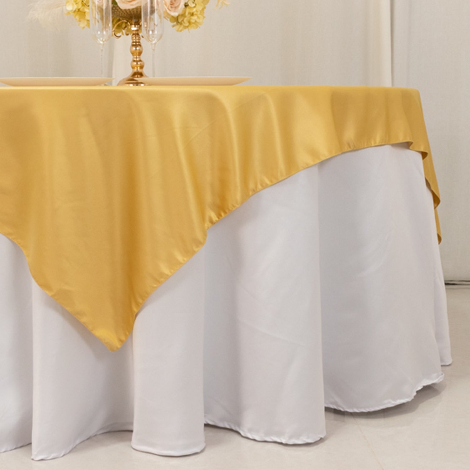 Lamour Satin 72"x72" Table Overlay Square Tablecloth Champagne - Smooth Finish Table Topper - Bell Racket Store
