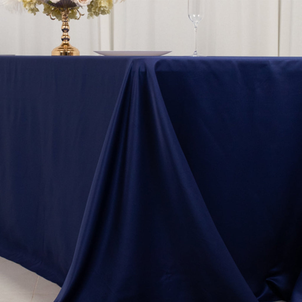 Lamour Satin 90"x156" Rectangle Tablecloth Navy Blue - Luxurious, Soft Seamless Table Cover - Bell Racket Store