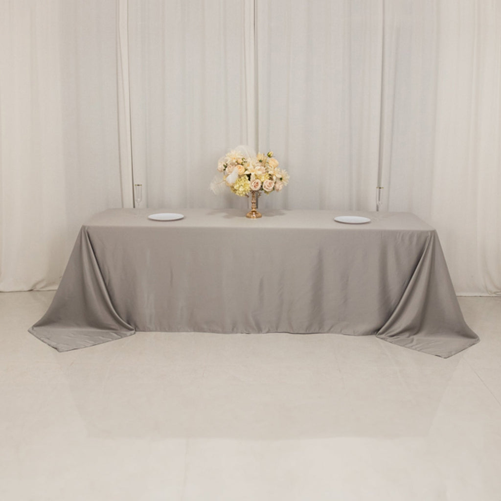 Lamour Satin 90"x156" Rectangle Tablecloth Silver - Luxurious, Soft Seamless Table Cover - Bell Racket Store