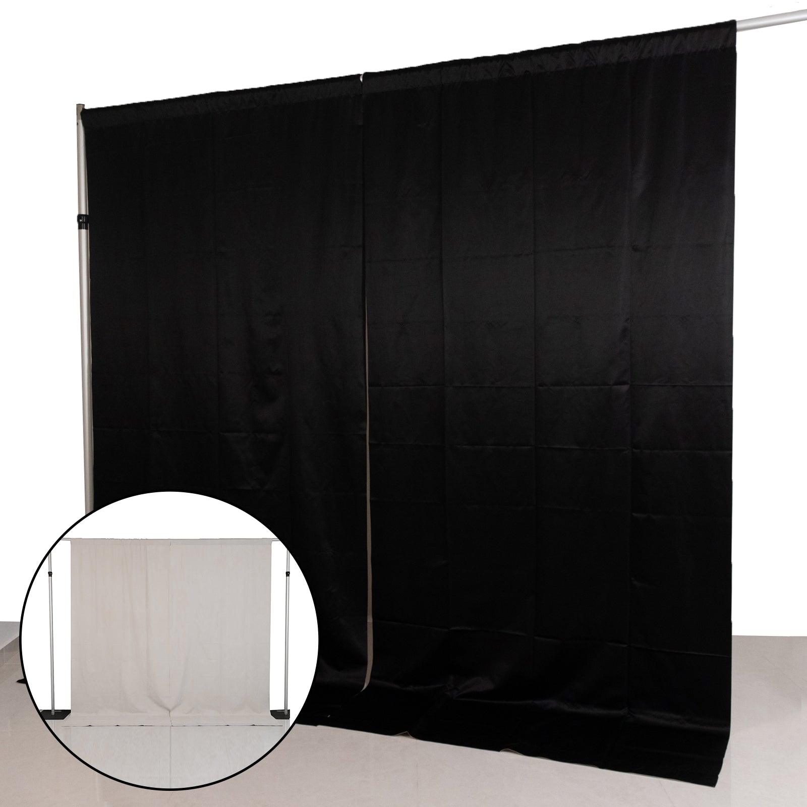 Lamour Satin Blackout Curtains 10ft x 10ft Panels Black/Ivory | Water - Resistant PU - Coated Double Sided Backdrop for Weddings & Events - Bell Racket Store