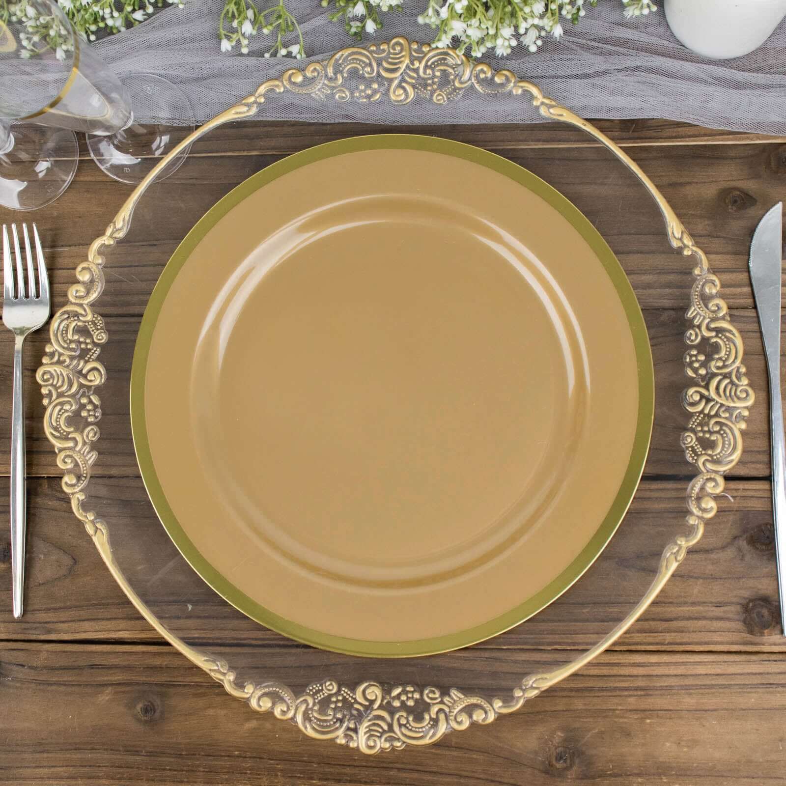 10-Pack Plastic 10" Round Dinner Plates in Gold - Disposable Party Plates for Classy Banquets & Special Occasions
