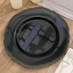 10-Pack Plastic 10" Dinner Plates in Black with Gold Scalloped Rim - Disposable Large Party Plates