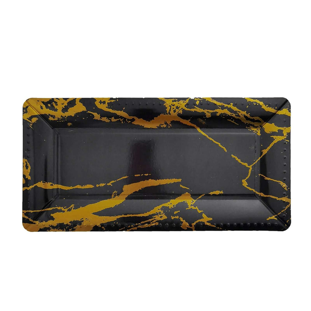 10-Pack Paper 16" Rectangle Serving Trays Black/Gold - Durable 1100GSM Disposable Food Platters with Modern Marble Design for Dessert Tables & Food Stations