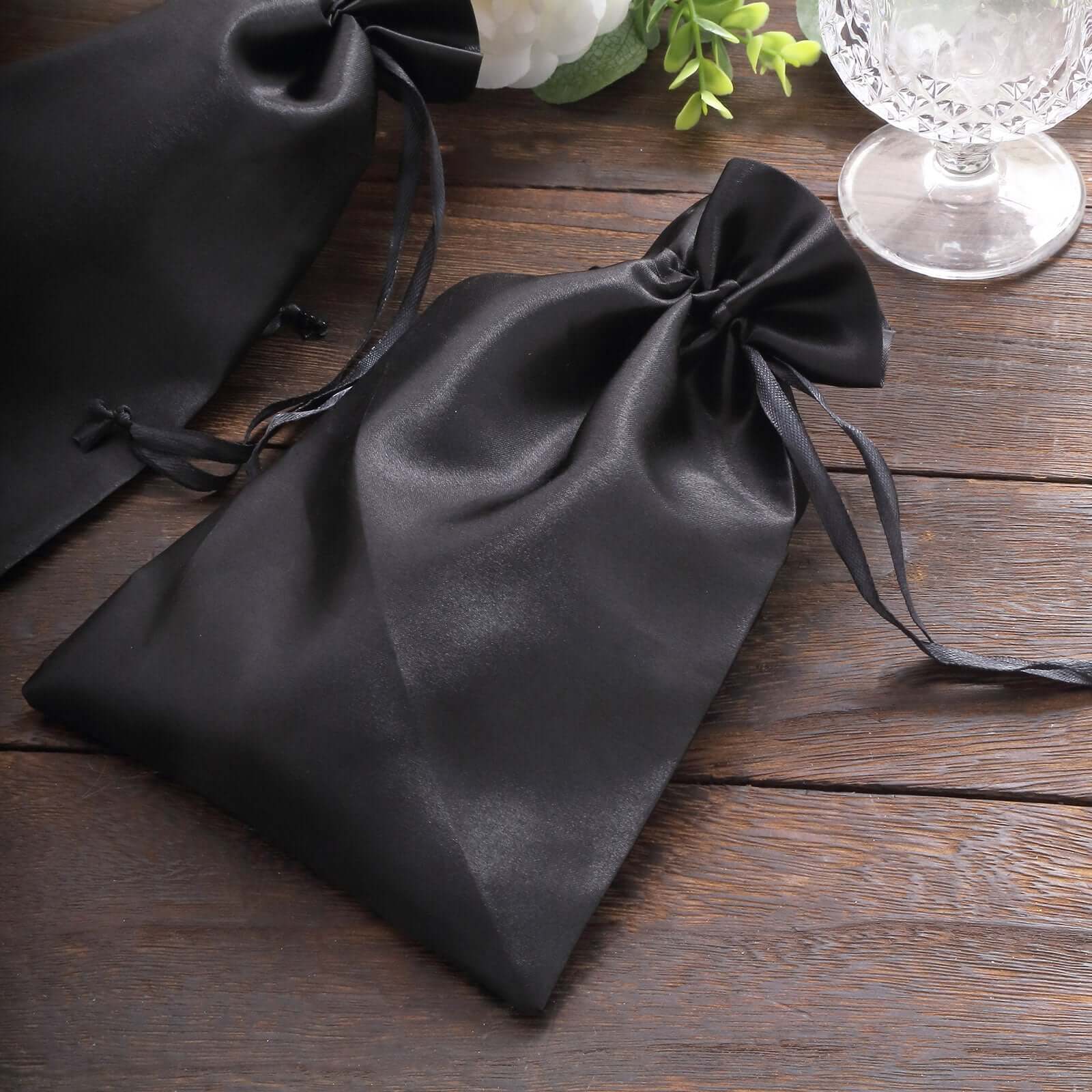12 Pack 6"x9" Black Satin Drawstring Wedding Party Favor Gift Bags