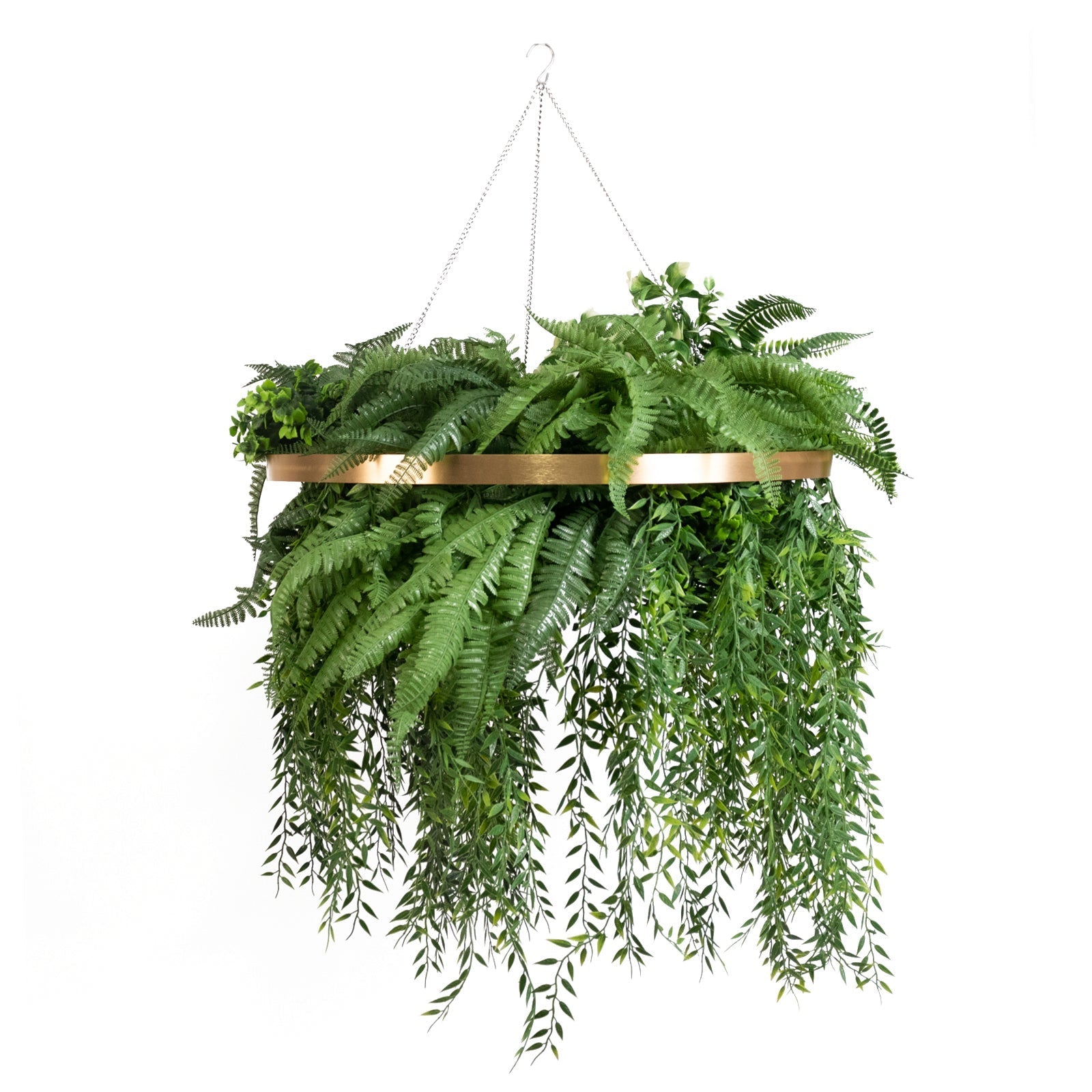 Large Faux Greenery Hoop Chandelier â€“ 24" Gold Ring with 42" Draping Fern for Boho or Garden - Themed Events - Bell Racket Store