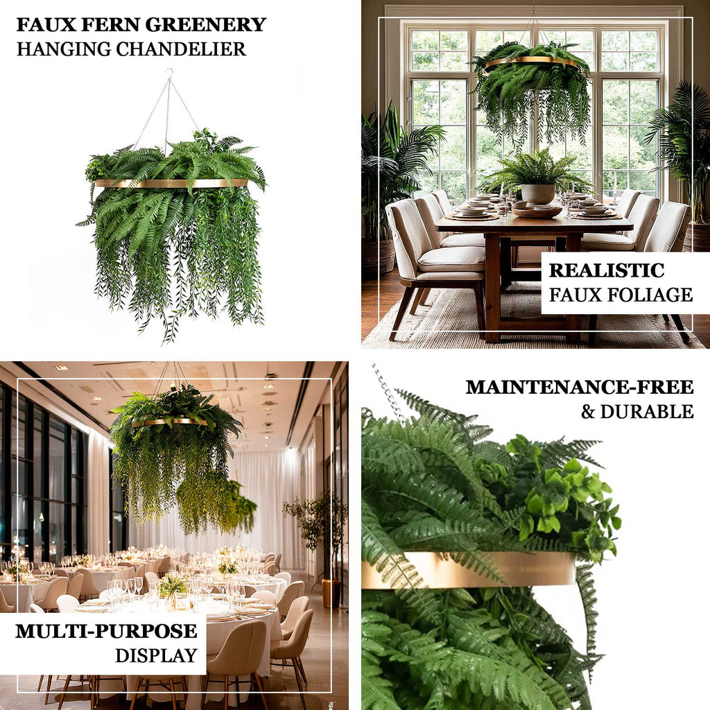 Large Faux Greenery Hoop Chandelier â€“ 24" Gold Ring with 42" Draping Fern for Boho or Garden - Themed Events - Bell Racket Store
