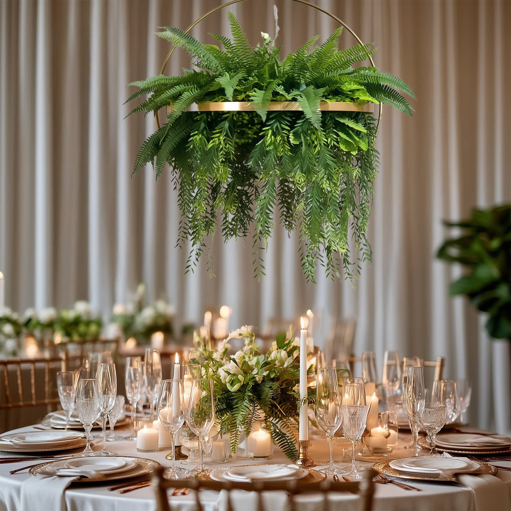 Large Faux Greenery Hoop Chandelier â€“ 24" Gold Ring with 42" Draping Fern for Boho or Garden - Themed Events - Bell Racket Store