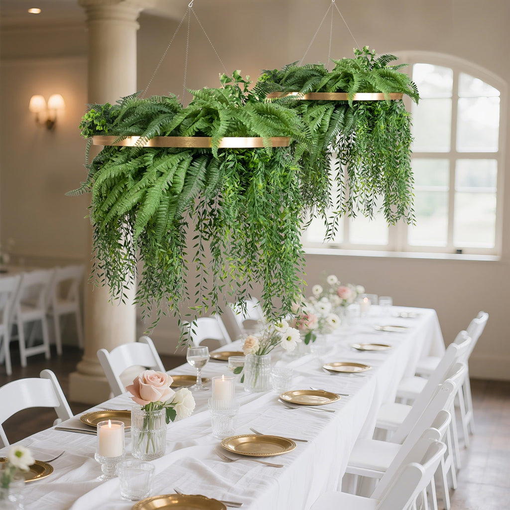 Large Faux Greenery Hoop Chandelier â€“ 24" Gold Ring with 42" Draping Fern for Boho or Garden - Themed Events - Bell Racket Store