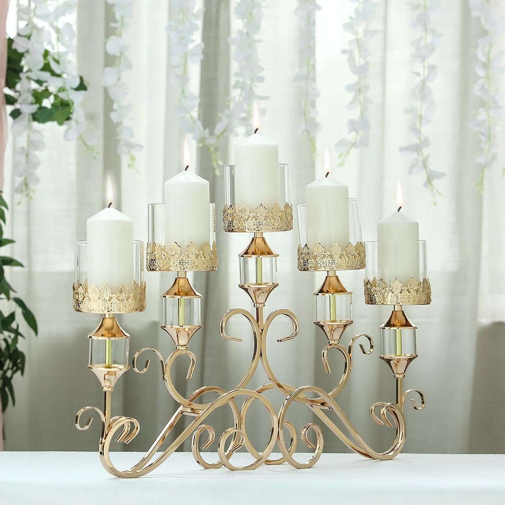 5-Arm Metal Table Candelabra Antique Gold Crown Top Design - Stylish Horizontal Table Centerpiece with Glass Votive Holders 18"