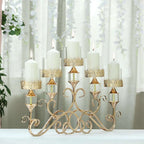 5-Arm Metal Table Candelabra Antique Gold Crown Top Design - Stylish Horizontal Table Centerpiece with Glass Votive Holders 18"