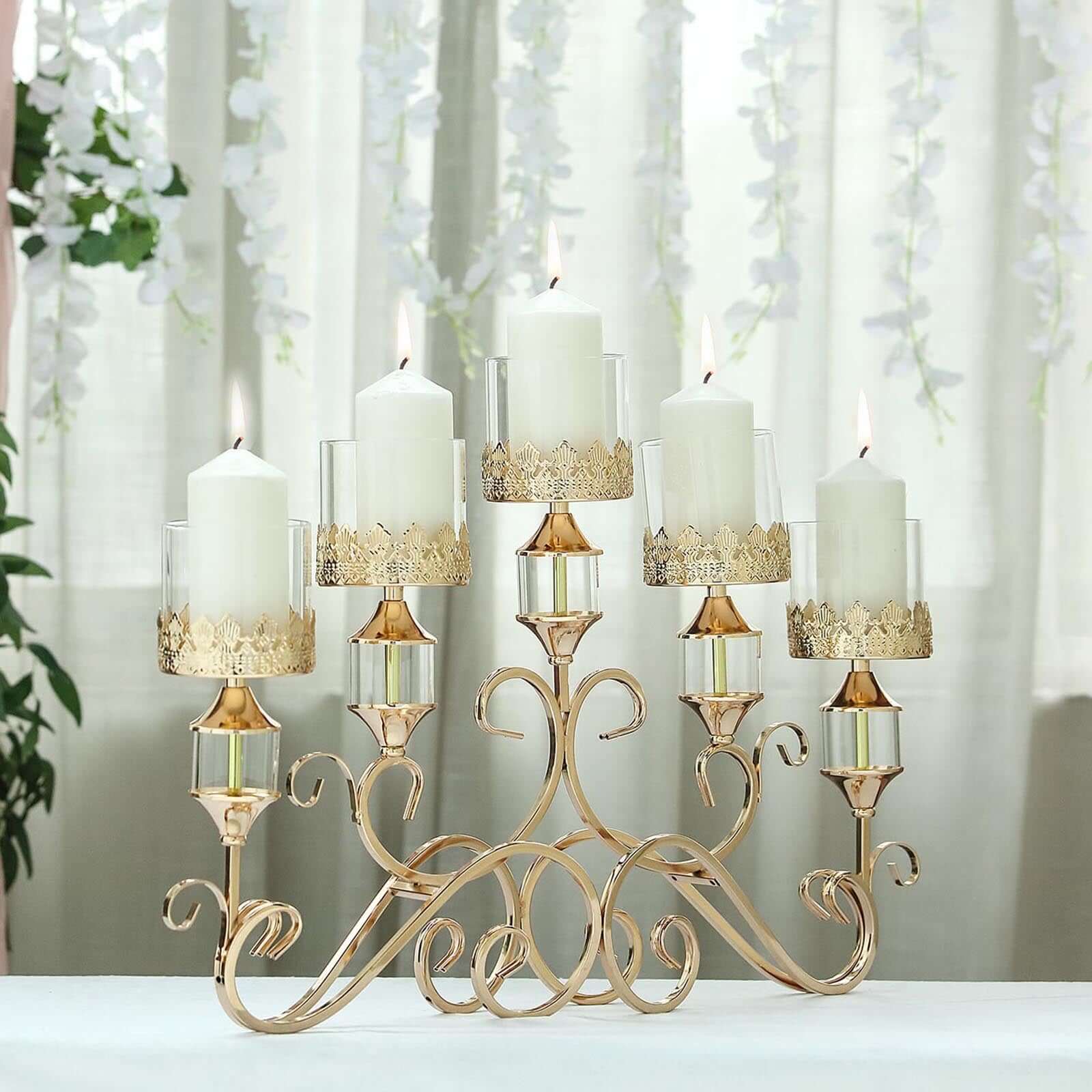 5-Arm Metal Table Candelabra Antique Gold Crown Top Design - Stylish Horizontal Table Centerpiece with Glass Votive Holders 18"