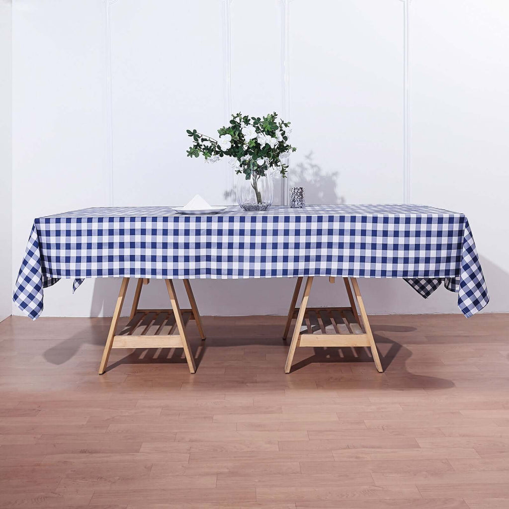 Polyester 60"x102" Rectangle Tablecloth White/Navy Blue - Checkered Buffalo Plaid Table Cover