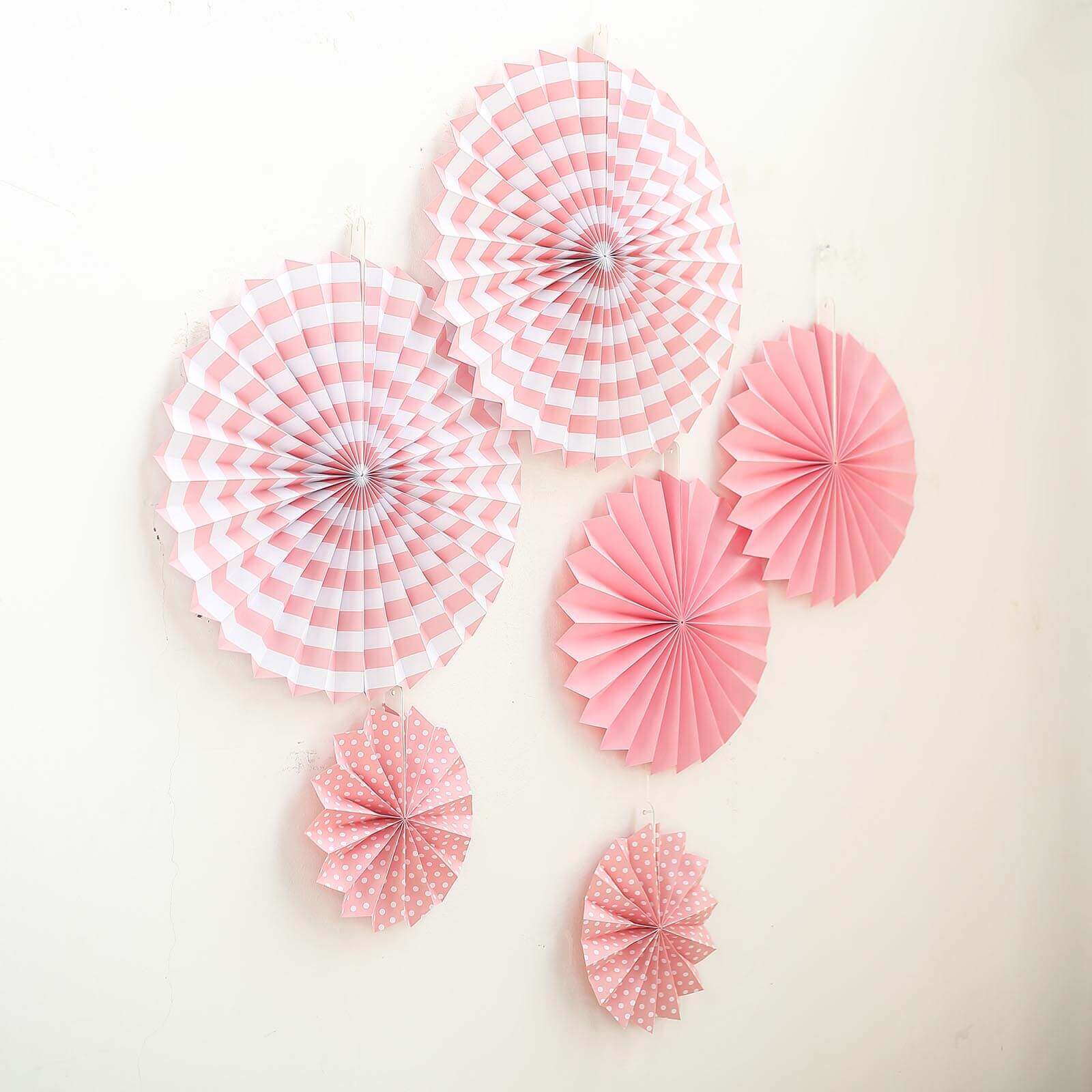 Set of 6 Pink Hanging Paper Fan Decorations, Pinwheel Wall Backdrop Party Kit - 8", 12", 16"