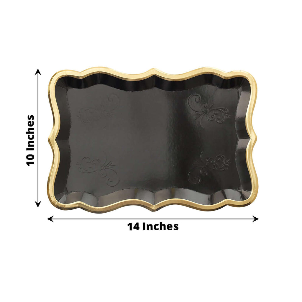 10-Pack Paper 14"x10" Rectangle Serving Trays Black - Heavy Duty Disposable 400GSM Cardboard Party Platters with Exquisite Gold Rim for Weddings & Parties