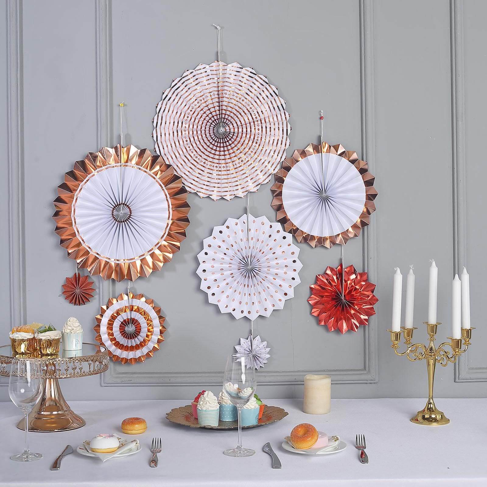 Set of 8 Gold Rose Gold Hanging Paper Fan Decorations, Pinwheel Wall Backdrop Party Kit - 4", 8", 12"