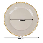 6-Pack Acrylic Round Charger Plates 13" in Taupe with Gold Beaded Rim, Decorative Dinner Party Charger Tableware