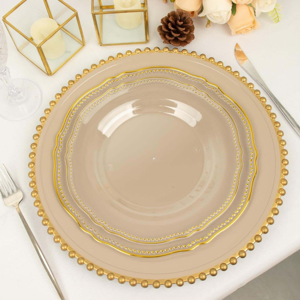 10-Pack Plastic 10" Dinner Plates in Clear with Gold Scalloped Rim - Disposable Large Party Plates