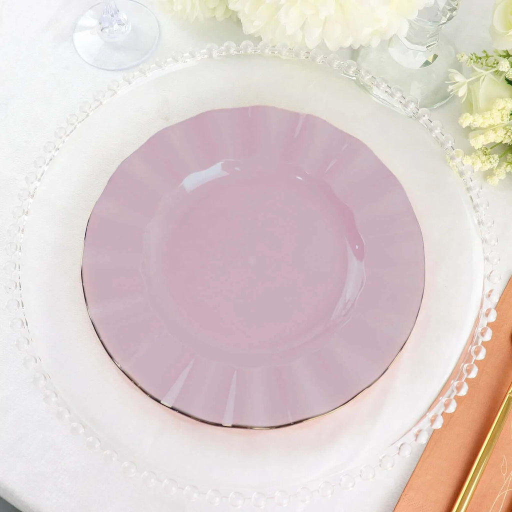 10-Pack Plastic 9" Round Dinner Plates in Lavender Lilac Ruffled Rim with Gold Edging - Sturdy Disposable Dinnerware