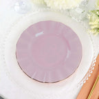 10-Pack Plastic 9" Round Dinner Plates in Lavender Lilac Ruffled Rim with Gold Edging - Sturdy Disposable Dinnerware