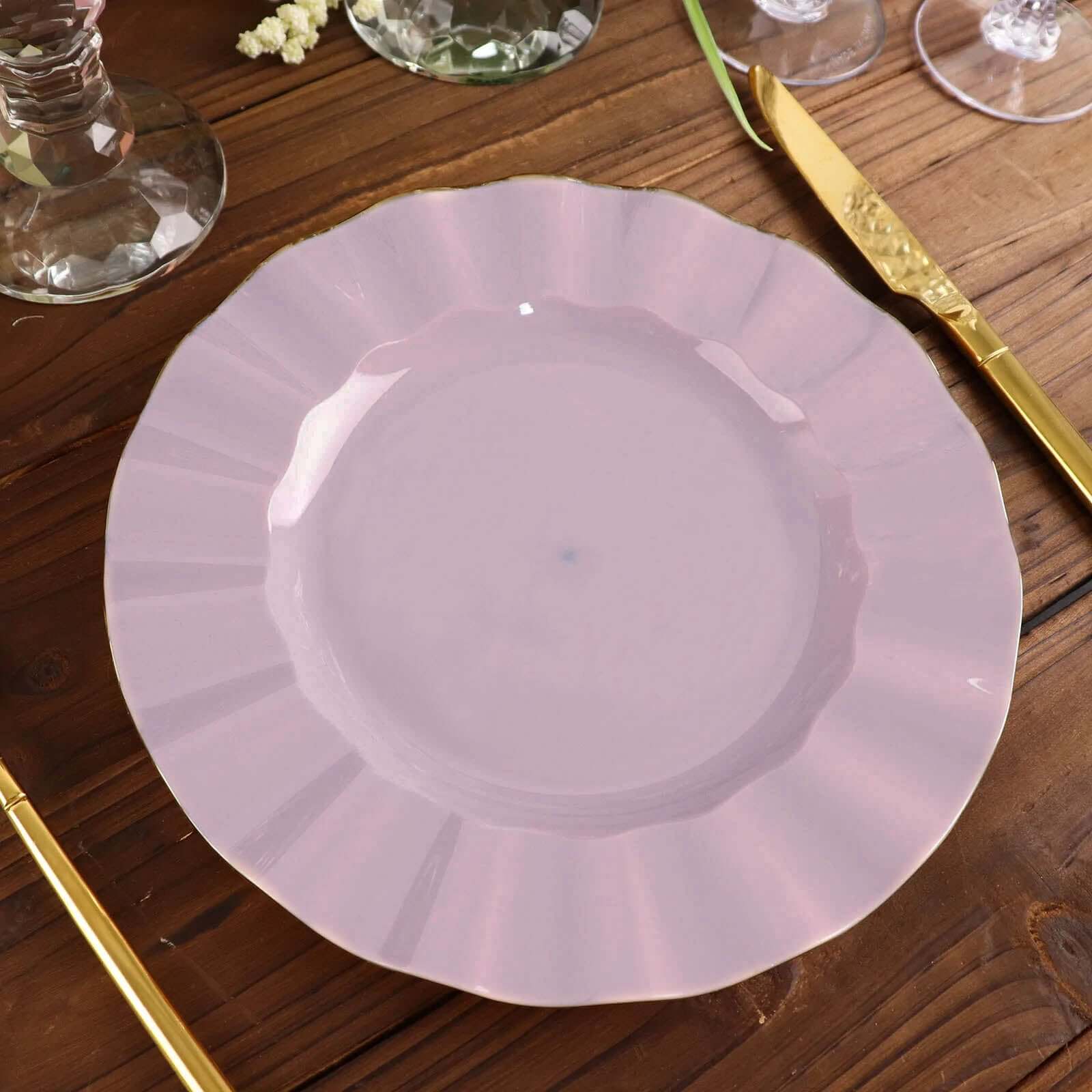10-Pack Plastic 9" Round Dinner Plates in Lavender Lilac Ruffled Rim with Gold Edging - Sturdy Disposable Dinnerware