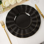 10-Pack Plastic 9" Round Dinner Plates in Black Ruffled Rim with Gold Edging - Sturdy Disposable Dinnerware