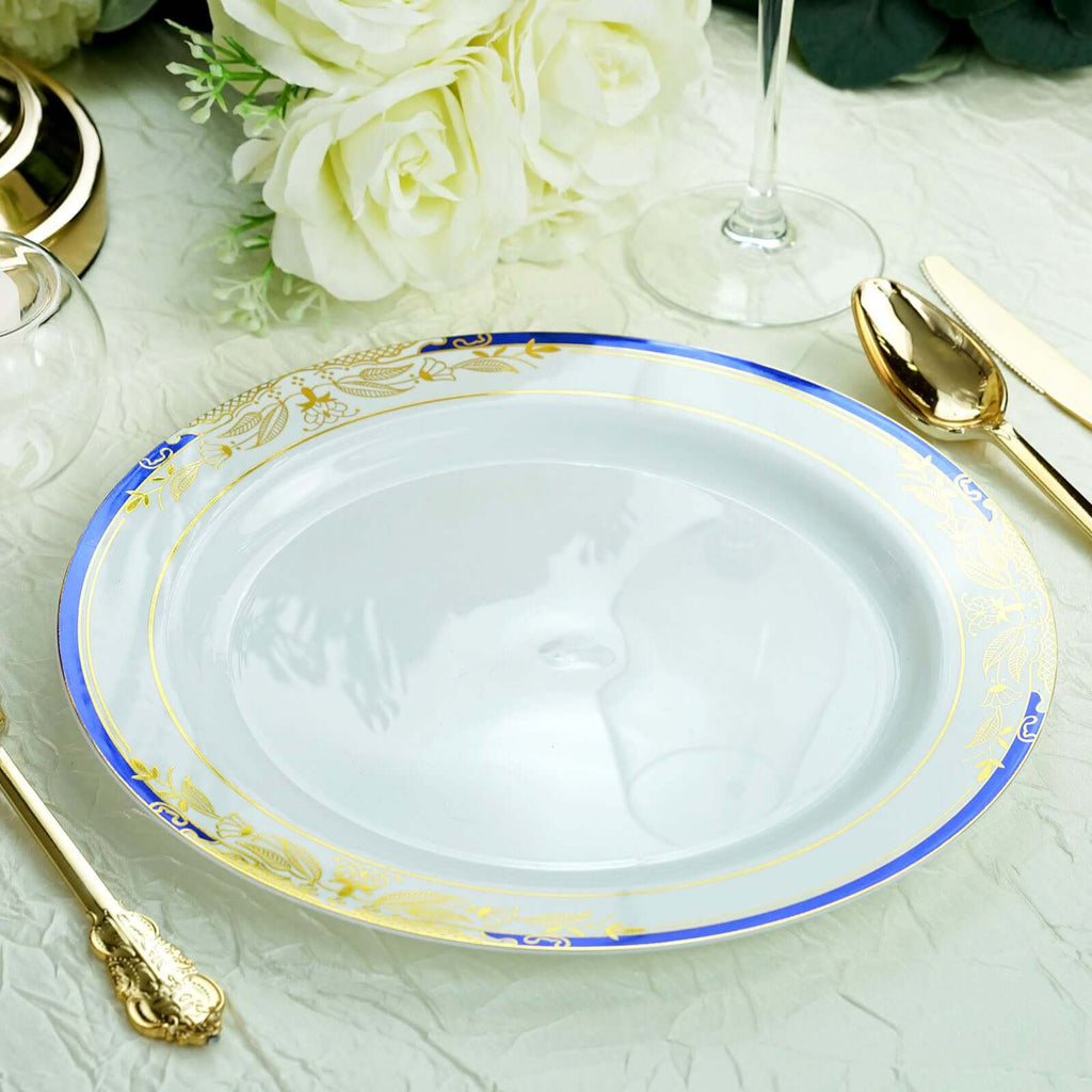 10-Pack Plastic 10" Round Dinner Plates in White with Royal Blue Rim - Stylish Gold Vine Design Disposable Party Plates for Special Occasions & Celebrations