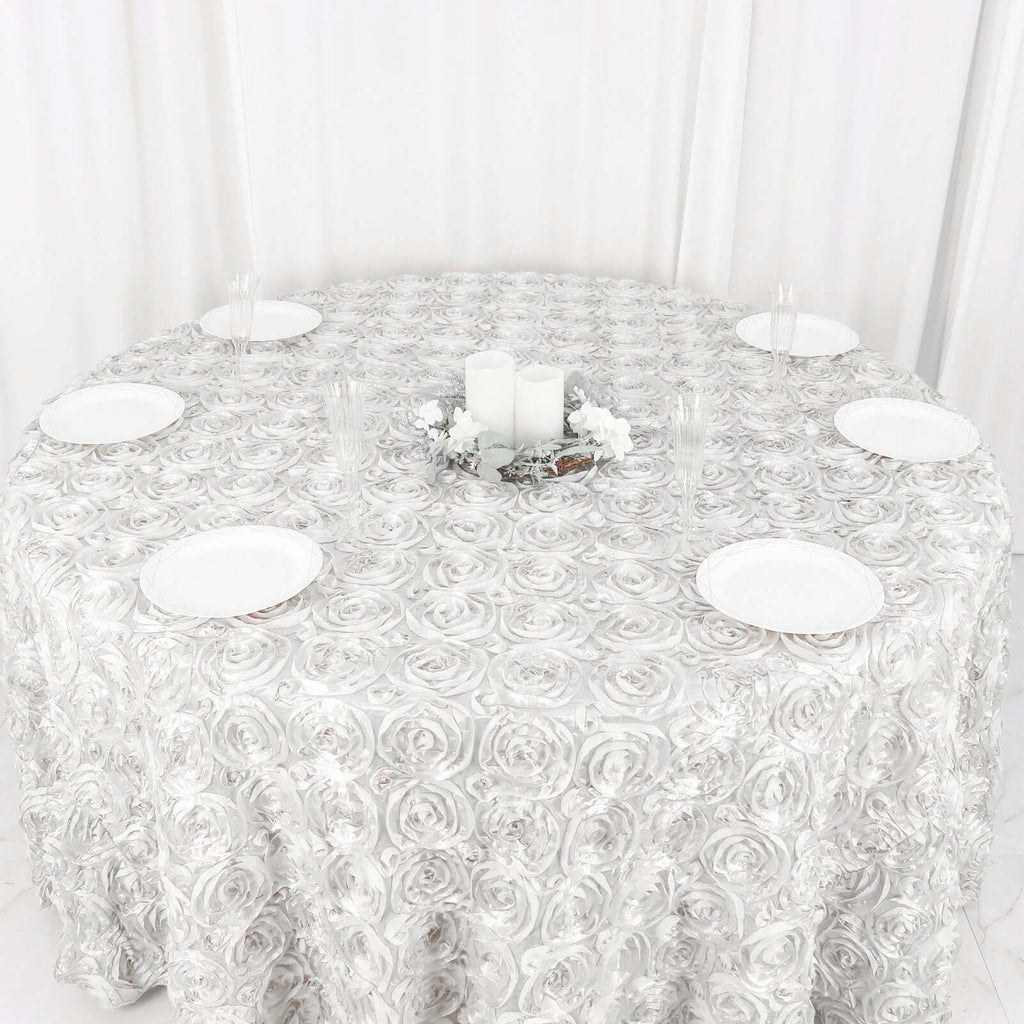 Satin 120" Round Tablecloth White - Grandiose 3D Rosette Design with Seamless Finish for Luxe Events