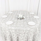 Satin 120" Round Tablecloth White - Grandiose 3D Rosette Design with Seamless Finish for Luxe Events