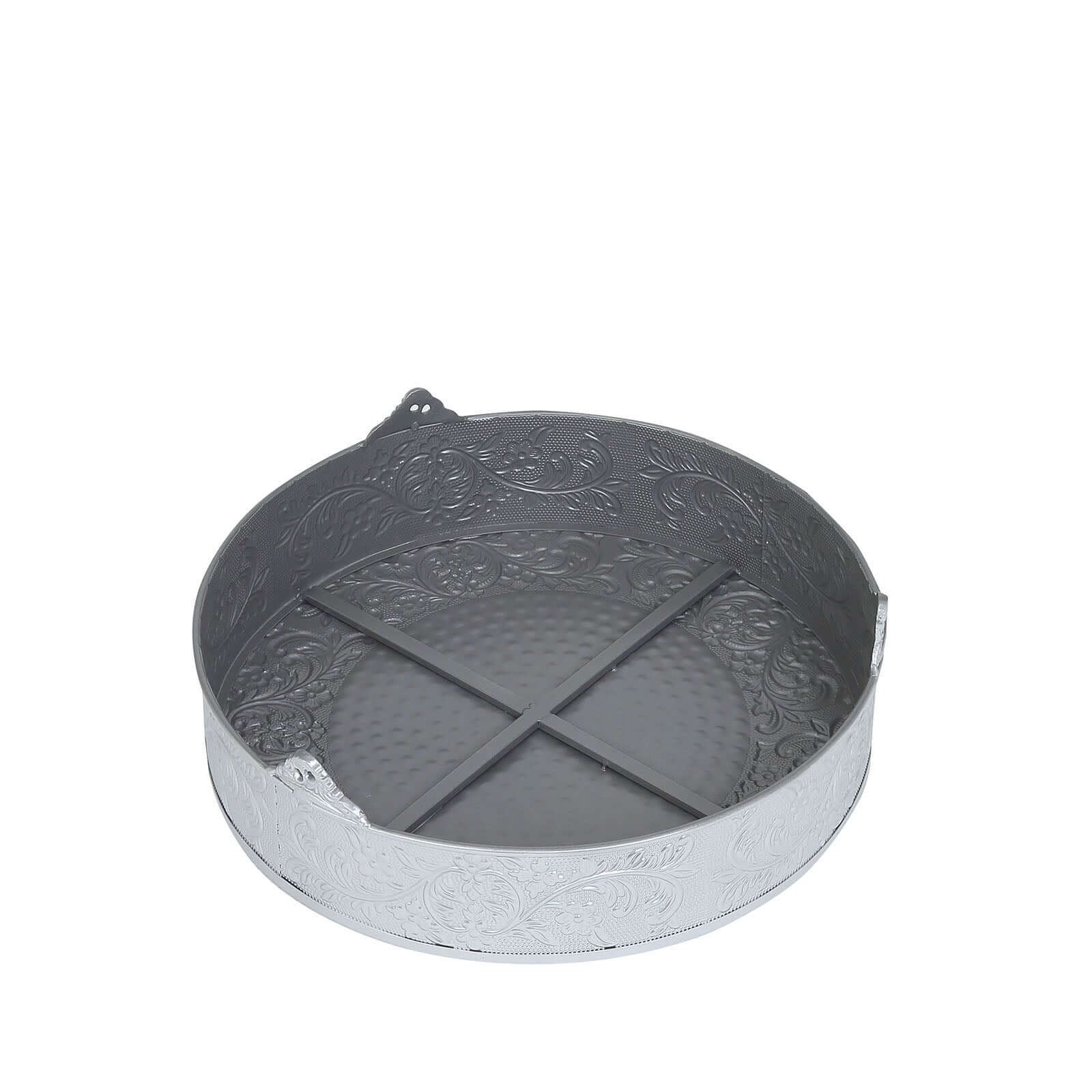 Metal 18" Round Cake Pedestal Stand Matte Silver - Cupcake Dessert Display Riser with Intricate Embossed Design for Upscale Events & Gatherings