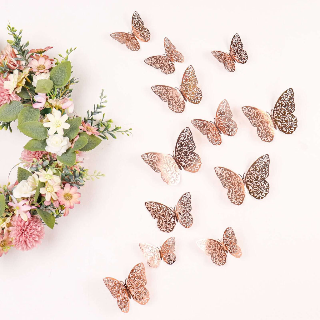 12-Pack 3D Butterfly Wall Decals, DIY Removable Mural Stickers Rose Gold Cake Decorations Eye-Catching Design