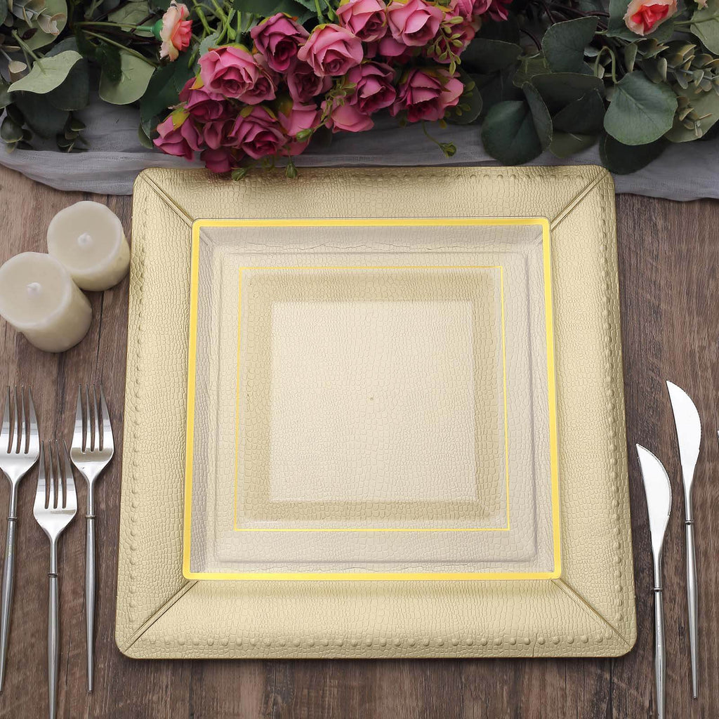 10-Pack Disposable Square Charger Plates in Champagne with Leather Like Texture - 1100GSM Durable Paper Chargers 13"