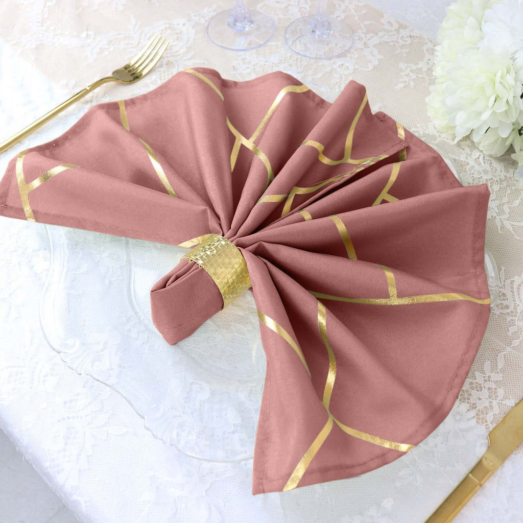 5 Pack Polyester 20"x20" Napkins Cinnamon Rose with Gold Geometric Foil Pattern - Modern Reusable Dinner Napkins