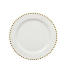 10-Pack White Plastic Dessert Plates â€“ 8" Round with Gold Beaded Rim, Disposable for Parties & Events