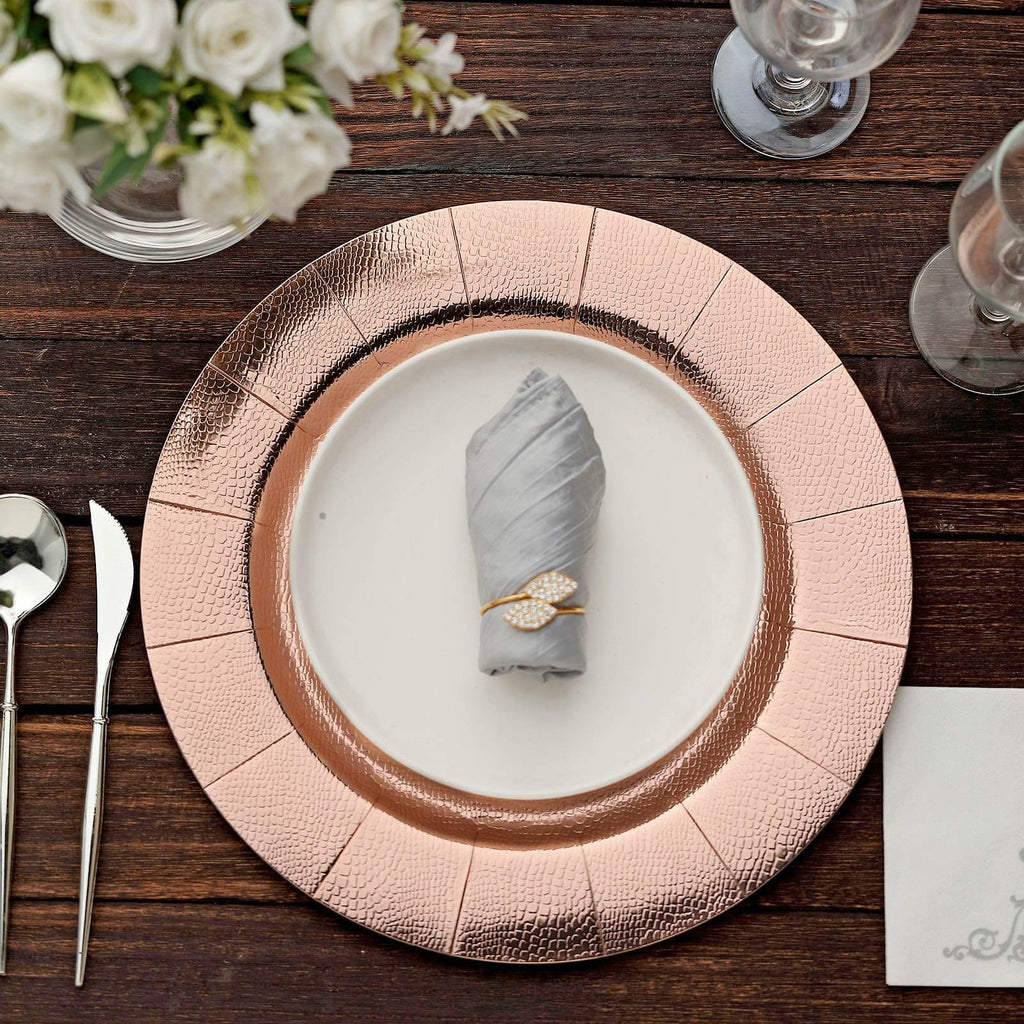 10-Pack Disposable Round Charger Plates in Rose Gold with Leathery Texture - Durable 1100GSM Cardboard Placemats 13"