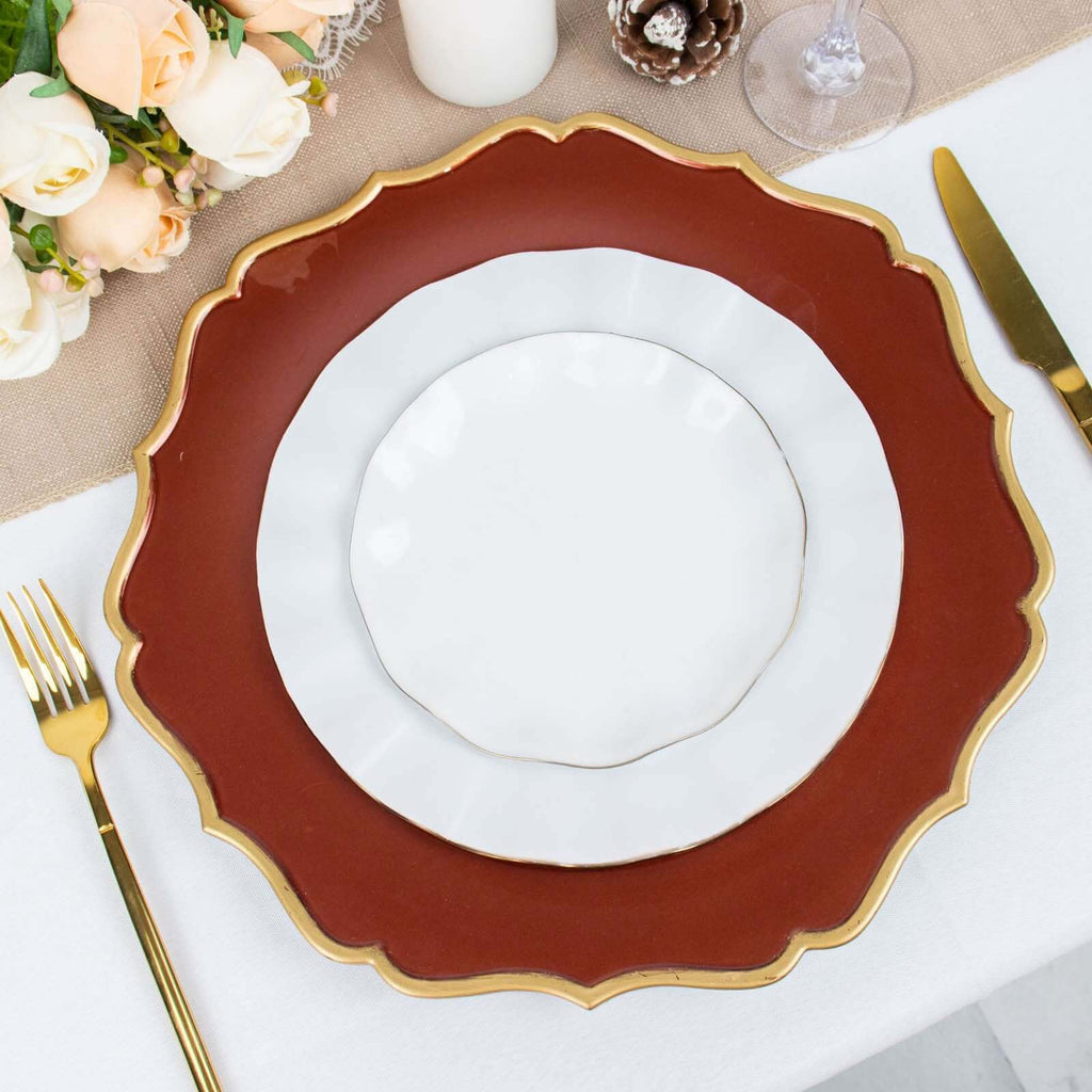 6-Pack Acrylic Round Charger Plates 13" in Terracotta (Rust) with Gold Scalloped Rim, Decorative Dinner Party Plastic Charger Tableware