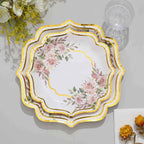 25-Pack Paper 8" Dessert Plates in White with Floral Print & Gold Scallop Rim - Disposable 300GSM Appetizer Salad Plates for Cocktail Events & Receptions